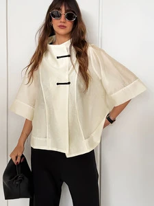 Women Chinese Style Frog Button Blouse Stand Collar Half Sleeve Loose Sheer Casual Top for Streetwear