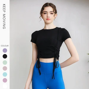 Double Side Drawstring Design Sweat Absorption Quick Dry Fitness T-shirt Women Yoga Crop Top