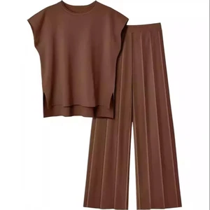 Women All Seasons Sleeveless Anti-Wrinkle V-neck Thick Fabric Vest Knit High Waist Pleated Pants Ice Silk Casual Sweater Set