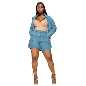 GE0024RV Women's Denim Suit Jacket Denim Shorts Two-pieces Sets Sehe Fashion