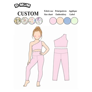 Hot Sale Toddler Girls Pink Scalloped Trim One Shoulder Crop Top High Waist Leggings Set Quick Dry Yoga Gym Outfit Wholesale