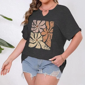 Plus Size Women's Floral Printed V-Neck T-Shirt Casual Short Sleeve Cotton Top
