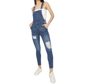 Women's High Waist Denim Dungarees Skinny Fit Distressed Bib Overalls Ripped Ankle Length Casual Jumpsuit for Spring
