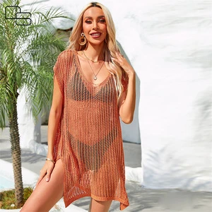 Beach Dress Bikini Cover up Crochet Knit Mesh Cover up Swimsuit Beach Cover up Dress Women Hollow Out Knitted Beach Wear