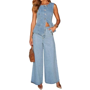 Women Denim Skinny Suits Sets Breathable Quick Dry Button Casual Spring Summer High Quality Wholesale Price New Arrival