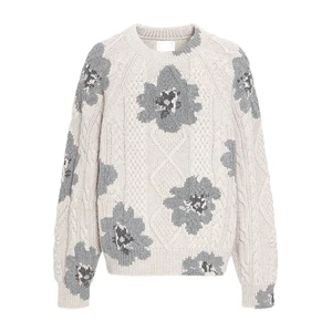 OEM Custom Oversized Cable Knit Sweater Floral Jacquard Crew Neck Pullover Soft Chunky Knit Jumper Winter Casual Top for Women