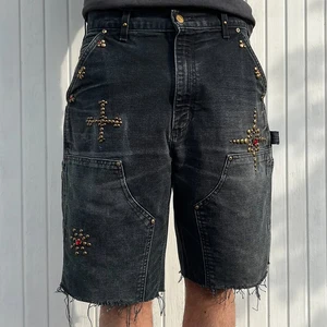 Men's Mid Waist Urban Grunge Vintage Washed Denim Shorts Streetwear HipHop Casual Solid Hot Jorts Cross Star Patches Metal Studs