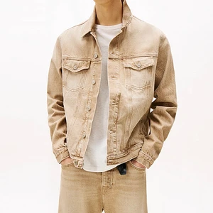 Wholesale Men's Coated Stand Collar Denim Bomber Jacket Waterproof Windproof Spring Front Logo Fashionable Durable Casual 400g