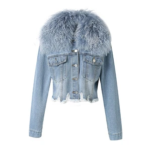 New Coming Women Big Mongolian Fur Collar Denim Jacket Crop Spring Autumn Jackets