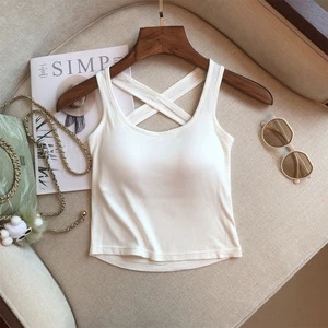 Women's Summer One-Size Crossed Back Short Padded Camisole Knitted Cotton Breathable Casual Vest