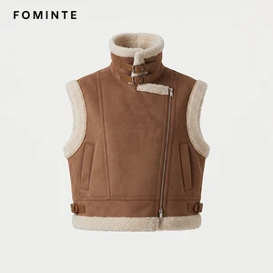 Winter Good Quality Women White Leather Vest Jacket With Fur Large Lapel Warm Fluffy Sleeveless Coat In Stock Ready To Ship