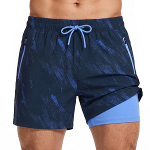 Custom Quick Dry Men's Swim Trunks Compression Liner 2 In 1 Board Shorts Elastic Waist Zipper Pockets Athletic Beach Shorts