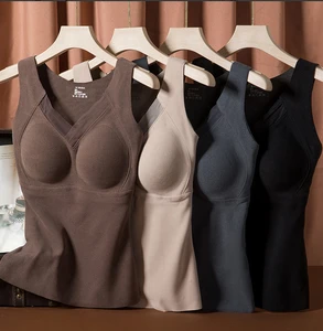 Women's Thermal Vest with Chest Pads, Fixed Cups, Seamless Velvet, Beautiful Back Camisole Top