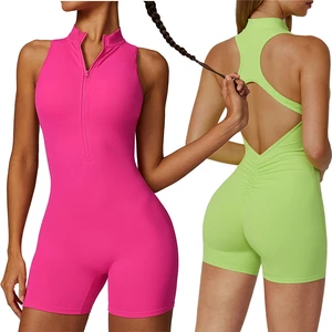 Half Zip One Piece Workout Jumpsuit Women Activewear Scrunch Butt Women's Gym Short Jumpsuit Tummy Control Sports Jumpsuits