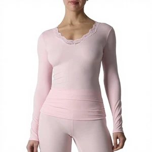 Custom Women's Modal Long Sleeve Top V Neck Lace Trim Slim Fit Casual Shirt