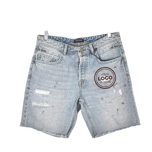 Men's Premium High Street Fashion Denim Shorts Relaxed Fit Raw Hem Distressed Jean Shorts for Summer