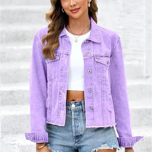 Women's Purple Denim Jacket Button Front Distressed Cotton Casual Fit Spring Wear Women's Denim Jackets & Coats