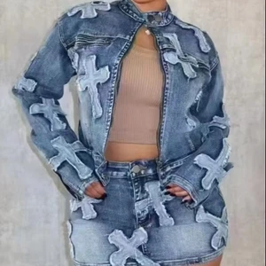 Women's Casual Denim Jacket Sexy Mini Short Sets Hot Sale Spring/Fall Collection Two-Piece Embroidery Skinny Patchwork Zipper