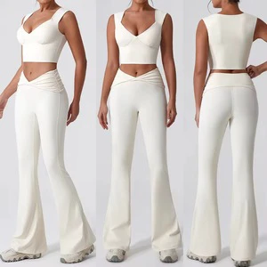 Custom Women Ruched V Cross Waist Flare Yoga Pants Set Deep V Crop Top 2 Piece Workout Activewear Gym Fitness Clothes