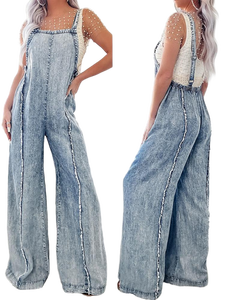 Women's Acid Wash Denim Overalls Wide Leg Jumpsuit Front Raw Seam Detail Sleeveless Retro Jean Dungarees Y2K Boho Streetwear