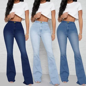 OEM Custom Ladies Skinny Flared Jeans Plain Blue Denim Bell-bottoms Women Jeans Butt Lifting Breathable Casual Style