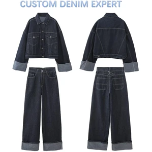 Designer Women's Denim Pants And Jacket Set Spring Fall Ladies Straight Jeans Pants With Long Sleeve Denim Jacket 2 Piece Sets
