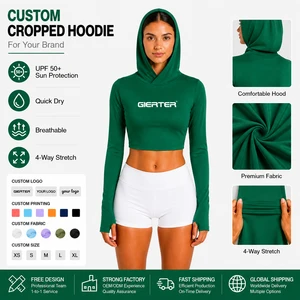 Custom Women's Cropped Hoodie UPF50+ UV Protection Quick Dry Breathable Long Sleeve Gym Yoga Running Fitness Surfing Crop Top