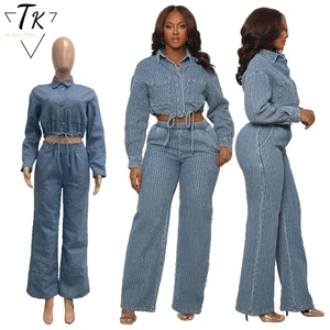 Women's Elegant Denim Two-Piece Set Long Sleeve Buttons Drawstring Jackets Crop Top Slit Wide Leg Pants Casual Summer Jeans