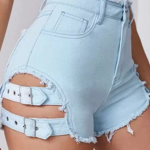 Women's Light Blue High Waisted Denim Shorts with Cutout Straps and Frayed Edges for Edgy Streetwear