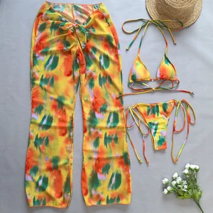 STOCK 3Colors Triangle Top Basic Women 3Pieces Swimwear Brazilian Cheeky Bikini Long Beach Pant CoverUp