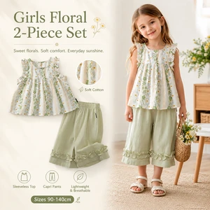 Girls Floral 2 Piece Outfit Spring/Summer Sleeveless Cotton Top And Capri Pants Summer Kids Boutique Clothing Set