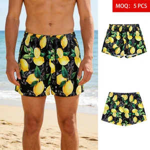 ODM Wholesale Summer Men's Woven Mid Waist Beach Surf Shorts 100% Polyester Eco-Friendly Lemon Print Lightweight Anti-Wrinkle