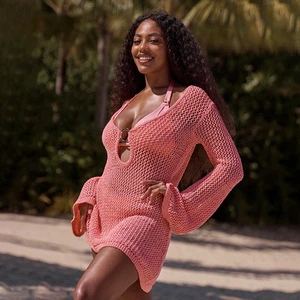 New Summer Women's Wear Long Sleeve Beach Cover-up with Ring Cutout Design Vacation Style Swimsuit Cover-up