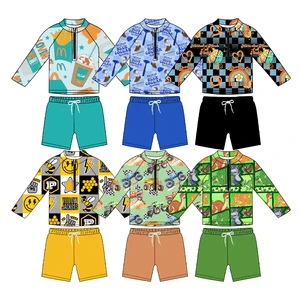 Xinye Kids Hot Sale Custom Western Print Swim Sets Long Sleeves Zip-up Tops and Trunks Swimwear Kids Boys 2-Pieces Swimsuit