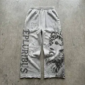 Custom 100% Cotton Dtg Track Print Streetwear Dirty Acid Washed Ripped Baggy Fit Wide Leg String Sweat Pant For Men