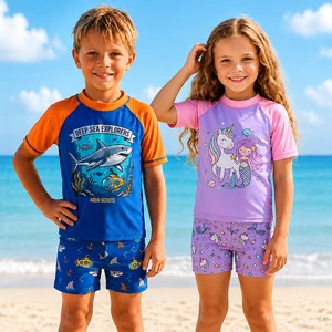 Boys Girl Two Pieces Swimsuit Set Manufacturer Short Sleeve Cartoon Shark Dinosaur Printing Kids Swimwear Quick Dry Spandex