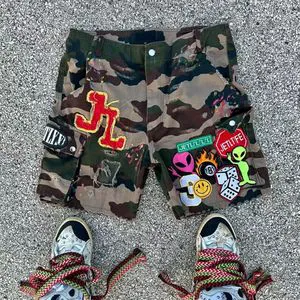 Custom All-Over Printed Camouflage Embroidery Ripped Distressed Men's Cargo Camo Jorts Jeans Denim Shorts Casual Style