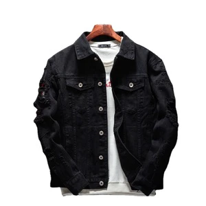 Men's XL Size Cotton Denim Jacket Ripped Holes Buttons Front Eco-Friendly Hip Hop Pockets Casual Autumn Streetwear Dyed Style