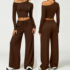 Women's One-Shoulder Sports Yoga Long-Sleeved High-Waisted Casual Wide-Leg Pants Fitness Yoga Suit
