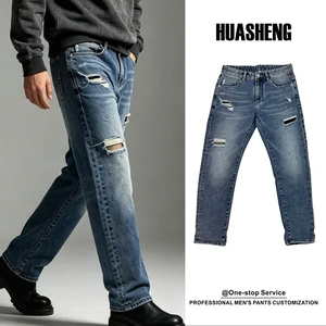 Wholesale Men's Fashion Casual Jeans Simple Graceful Slim Fit Straight Leg Ripped Men Plus Size Jeans