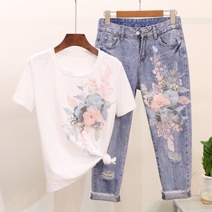 Denim Suit Women Summer Embroidery Sequins Three-Dimensional Flowers Short-Sleeved T-Shirt Torn Nine Jeans 2 Pieces