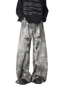 Custom Ripped Distressed Denim Hip Hop Mid Waist Jeans Men's Spring High Street Design Machete Loose Wide Leg Long Pants