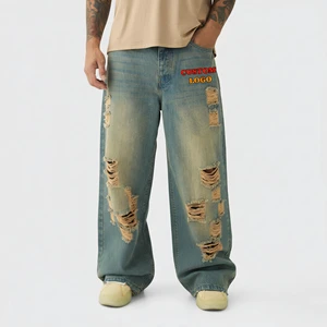 OEM Manufacturer Custom Vintage Wash Stacked Straight Breathable Light Distressed Streetwear Hip Hop Denim Jeans Men's