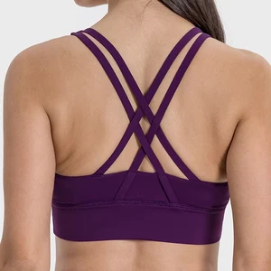 Solid Color Fitness Top Yoga Vest Gym Front Pleats Cross Back Spaghetti Straps Chest Pad Women Sports Bra