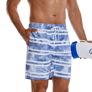 Men's Quick-drying Knitted Washed Striped Printed 100% Polyester Beach Pants Swimming Trunks Drawstring Closure Casual Plus Size