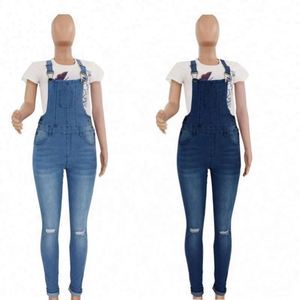 Yi Hot Sale Denim Overalls Women Casual Daily Jumpsuit Solid Holes Straps Tight Calf Jeans Women's Long Pants