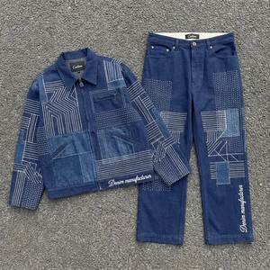 Men's Denim Suit Designer Sashiko Patchwork Jacket and Pants Set Men High Quality Deconstructed Streetwear Custom Manufacturer