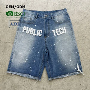 Custom Vintage Stone Wash Chenille Embroidery Denim Shorts Hip Hop Custom Buttons Distressed Paint Splatter Men's Shorts Jeans