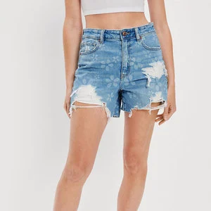 Women's High Waist Distressed Denim Shorts Floral Pattern Ripped Hem Casual Style Button Fly Closure