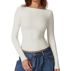 New Arrival Elegant White Crew Neck Regular Fit Breathable Stretchy Double Lined Basic Women's Long Sleeve T-shirt Fashion Top